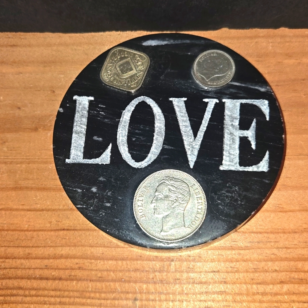 UNIQUE 1960s VENEZUELA BOLVAR COINS LOVE 3 1/2" SOLID MARBLE PAPERWEIGHT COASTER